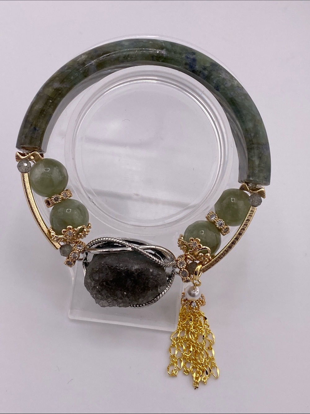 Green Mica Half-Bangle Bracelet - Shimmering Crystal Beads - The Gem Studio